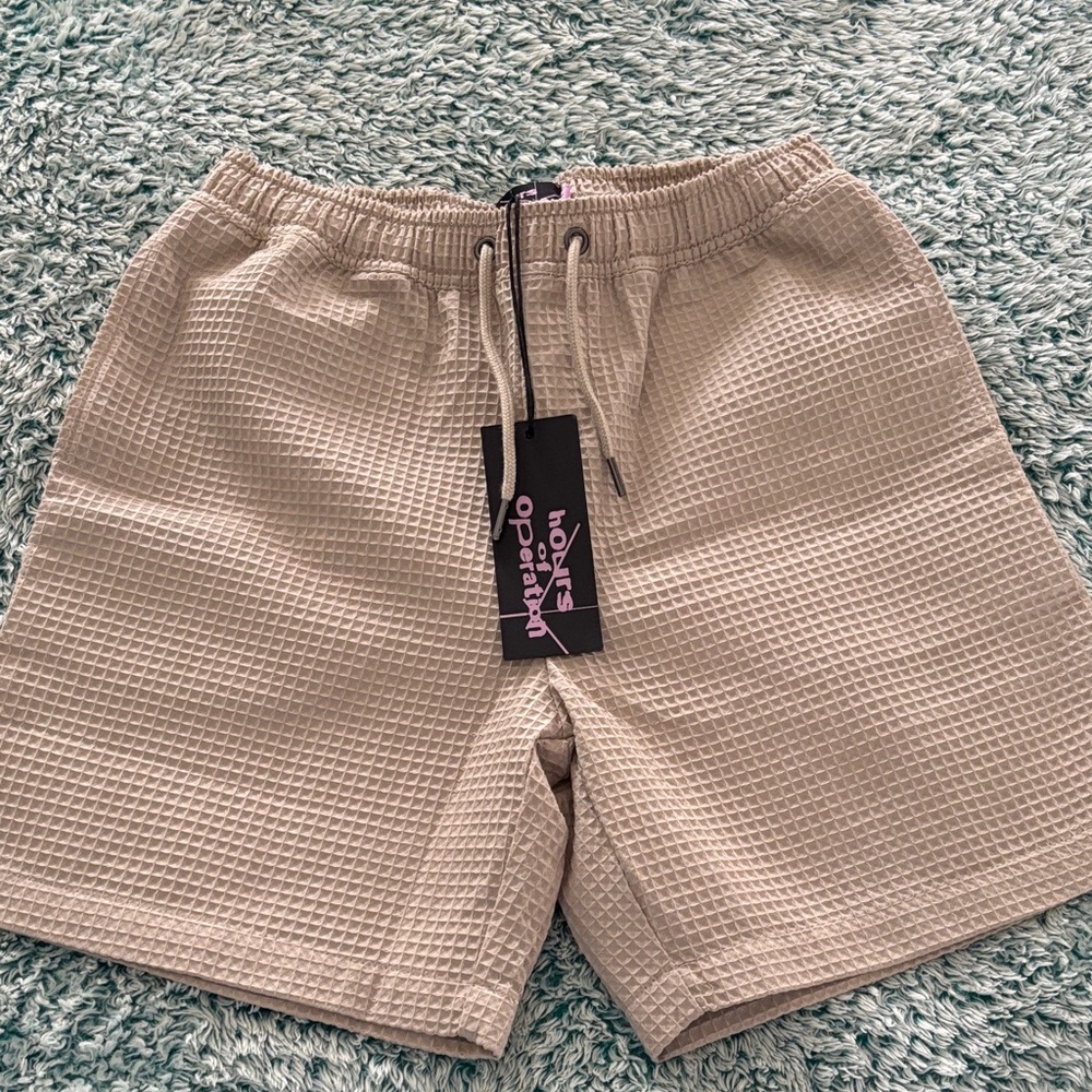 Men's Beige Waffle Athletic Shorts with Drawstring